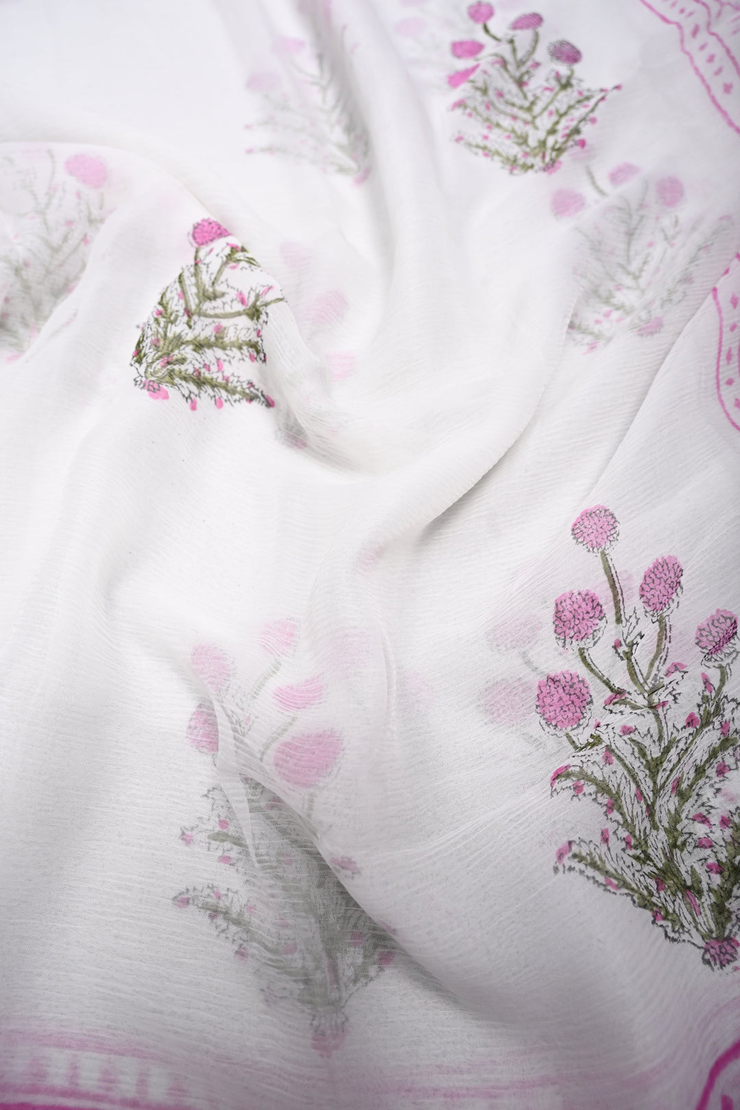 White-Pink Georgette Saree with Sanganeri Hand Block Print and Border   | SHOBITAM