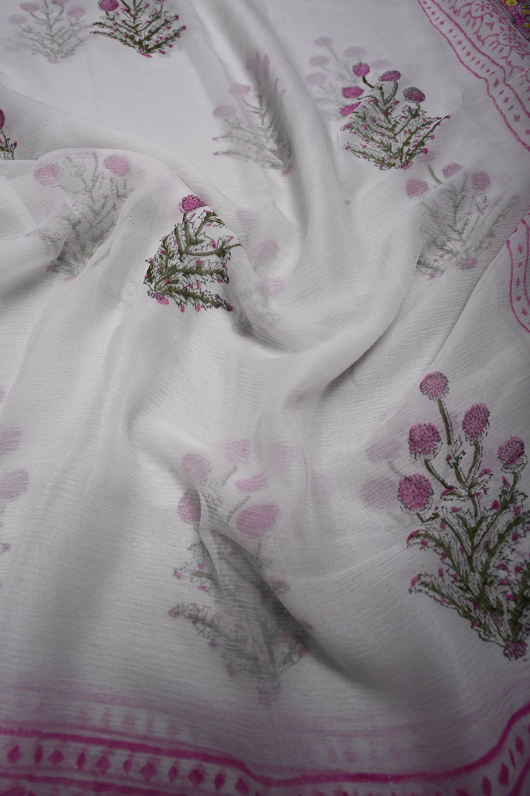 White-Pink Georgette Saree with Sanganeri Hand Block Print and Border   | SHOBITAM