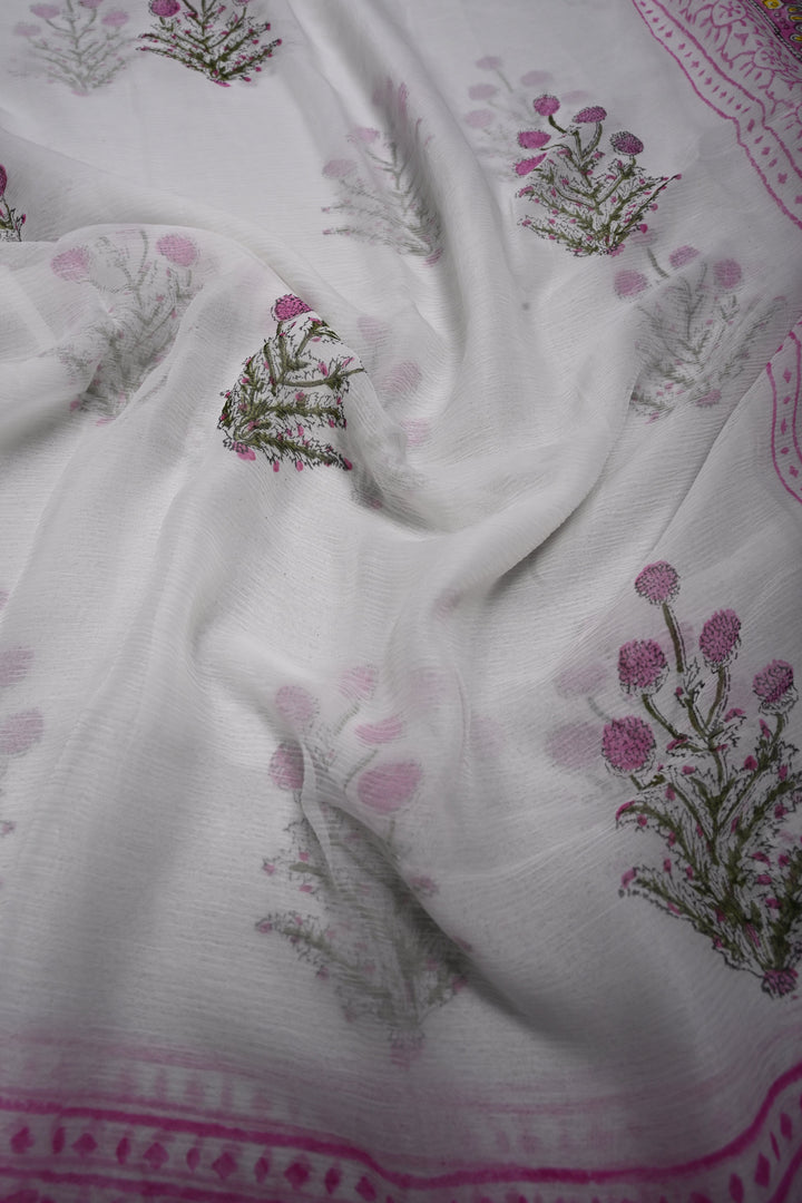 White-Pink Georgette Saree with Sanganeri Hand Block Print and Border   | SHOBITAM