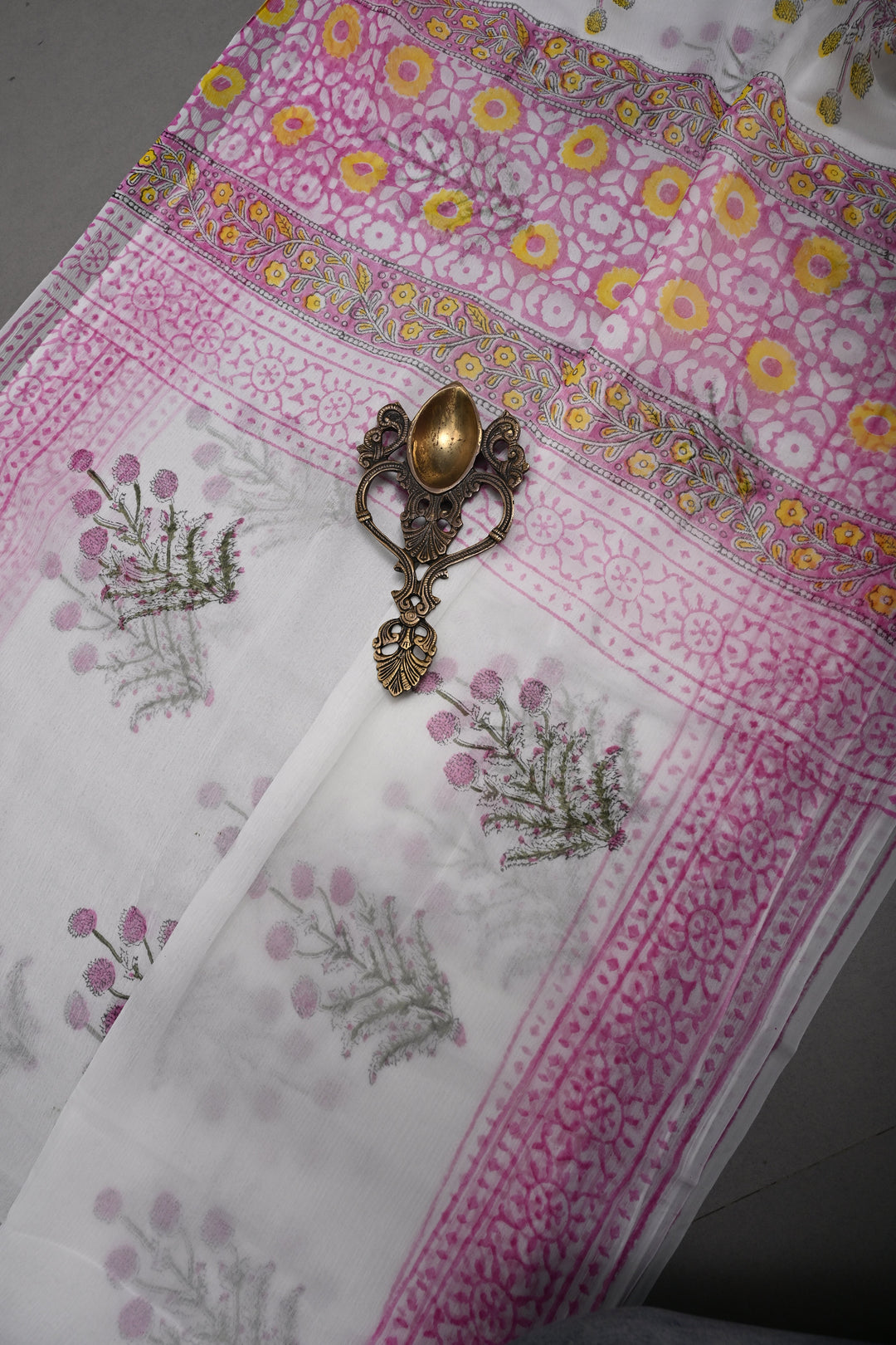 White-Pink Georgette Saree with Sanganeri Hand Block Print and Border   | SHOBITAM