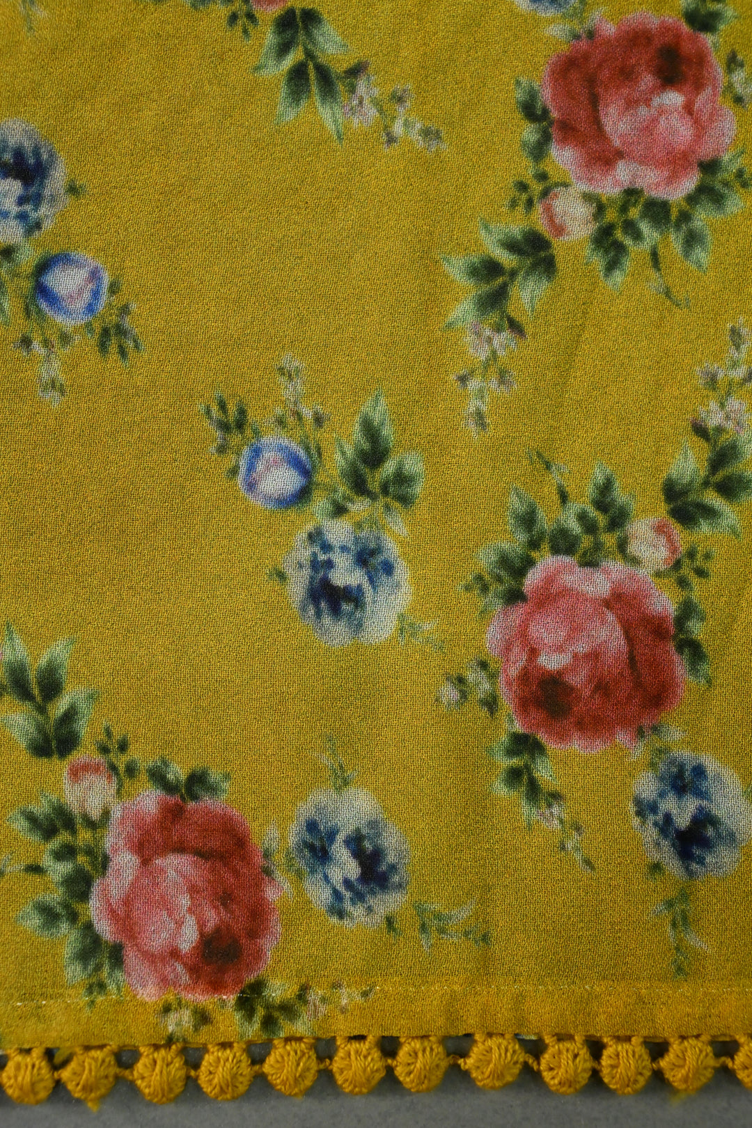 Methi Yellow Digital Floral Print on Georgette Saree with Honeycomb Self Embroidery-Sequins Detailing and Minimal Lace Border | SHOBITAM