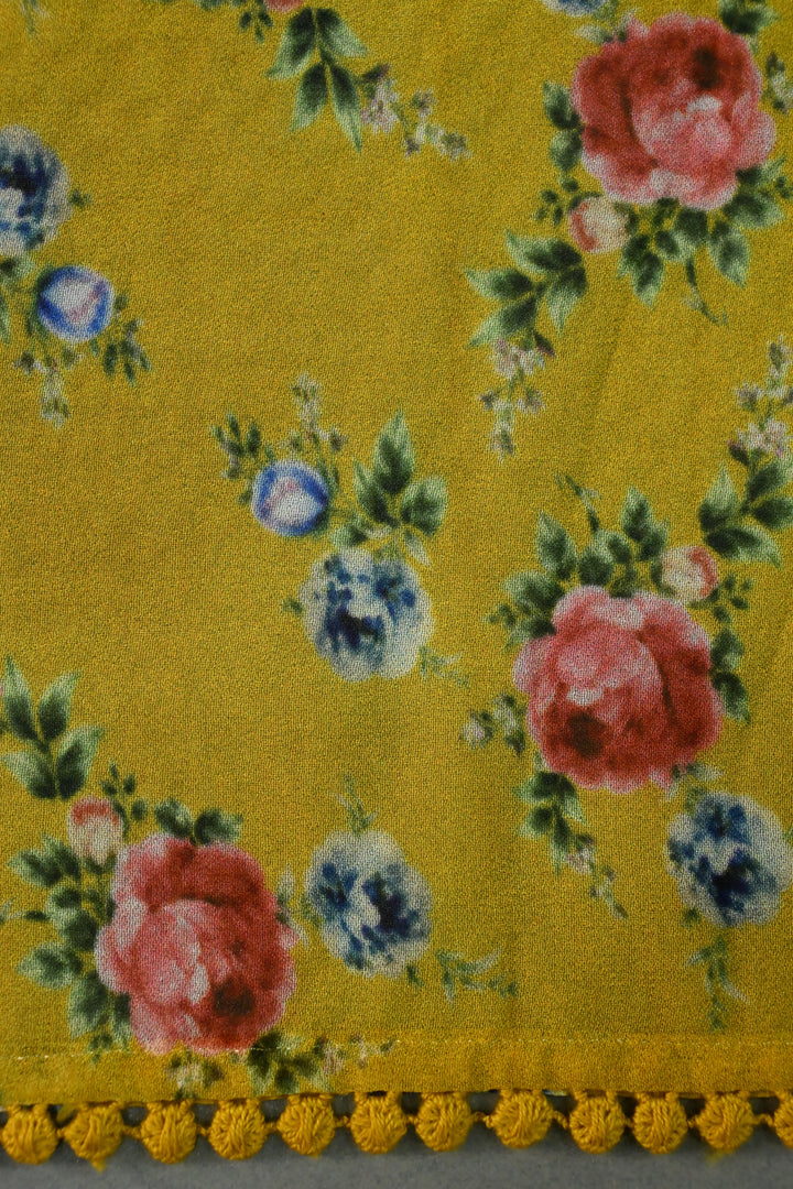 Methi Yellow Digital Floral Print on Georgette Saree with Honeycomb Self Embroidery-Sequins Detailing and Minimal Lace Border | SHOBITAM