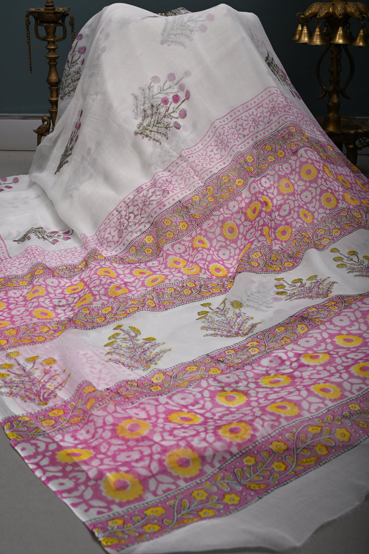 White-Pink Georgette Saree with Sanganeri Hand Block Print and Border   | SHOBITAM