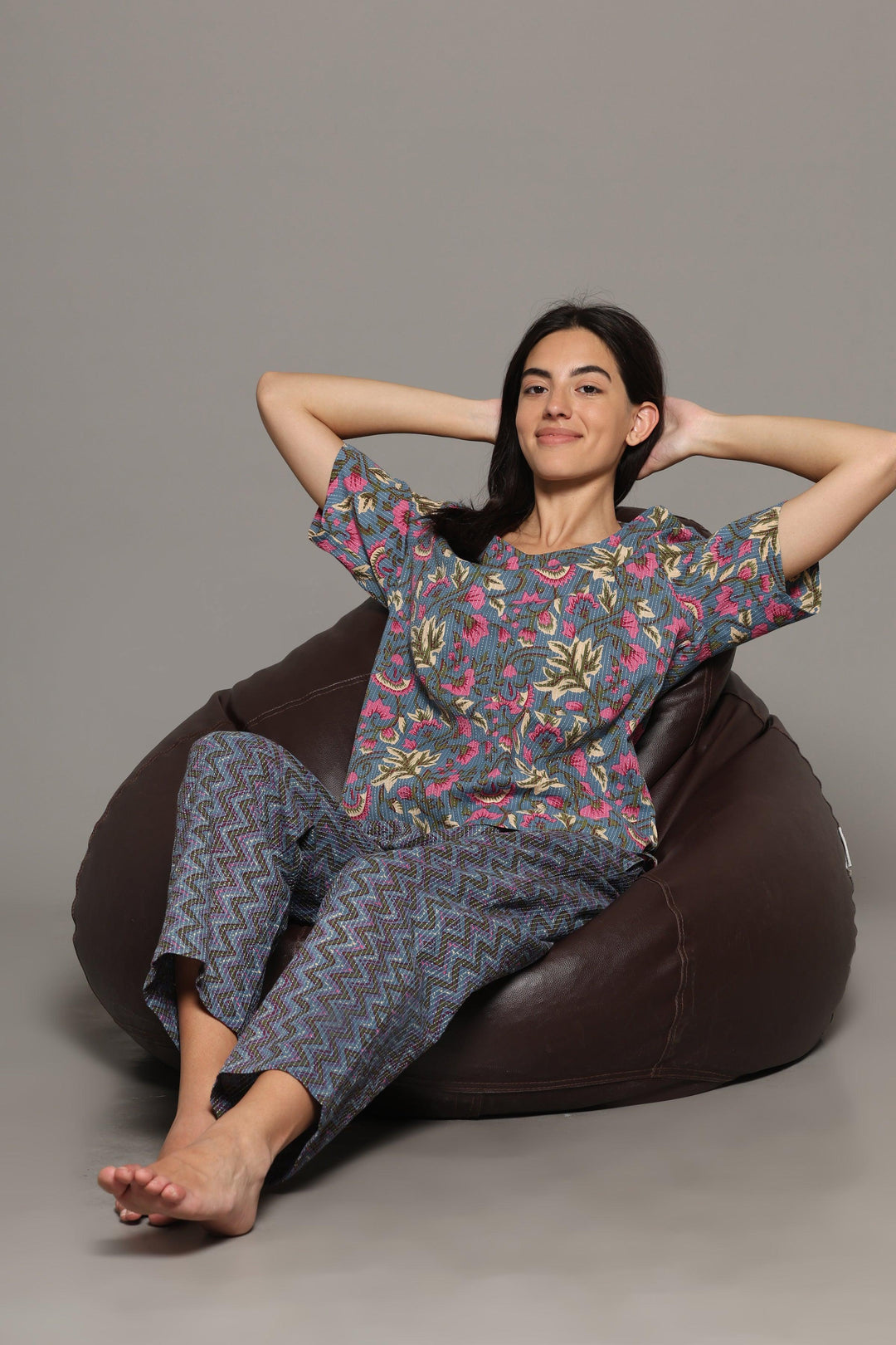 Kai Grey Cotton Printed Loungewear Co-ord Set | SHOBITAM