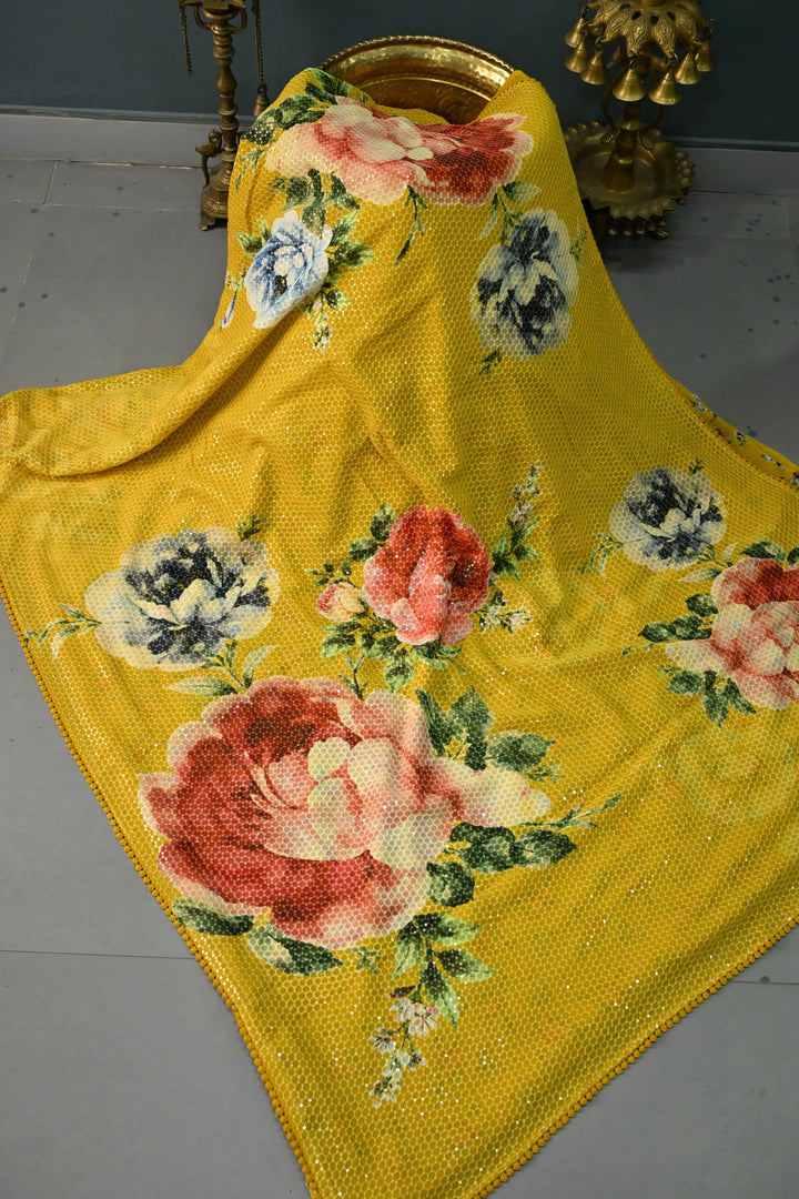 Methi Yellow Digital Floral Print on Georgette Saree with Honeycomb Self Embroidery-Sequins Detailing and Minimal Lace Border | SHOBITAM