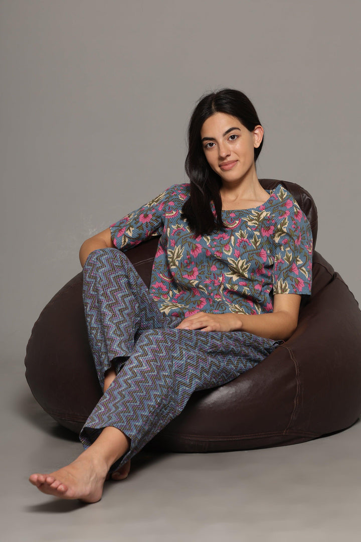 Kai Grey Cotton Printed Loungewear Co-ord Set | SHOBITAM