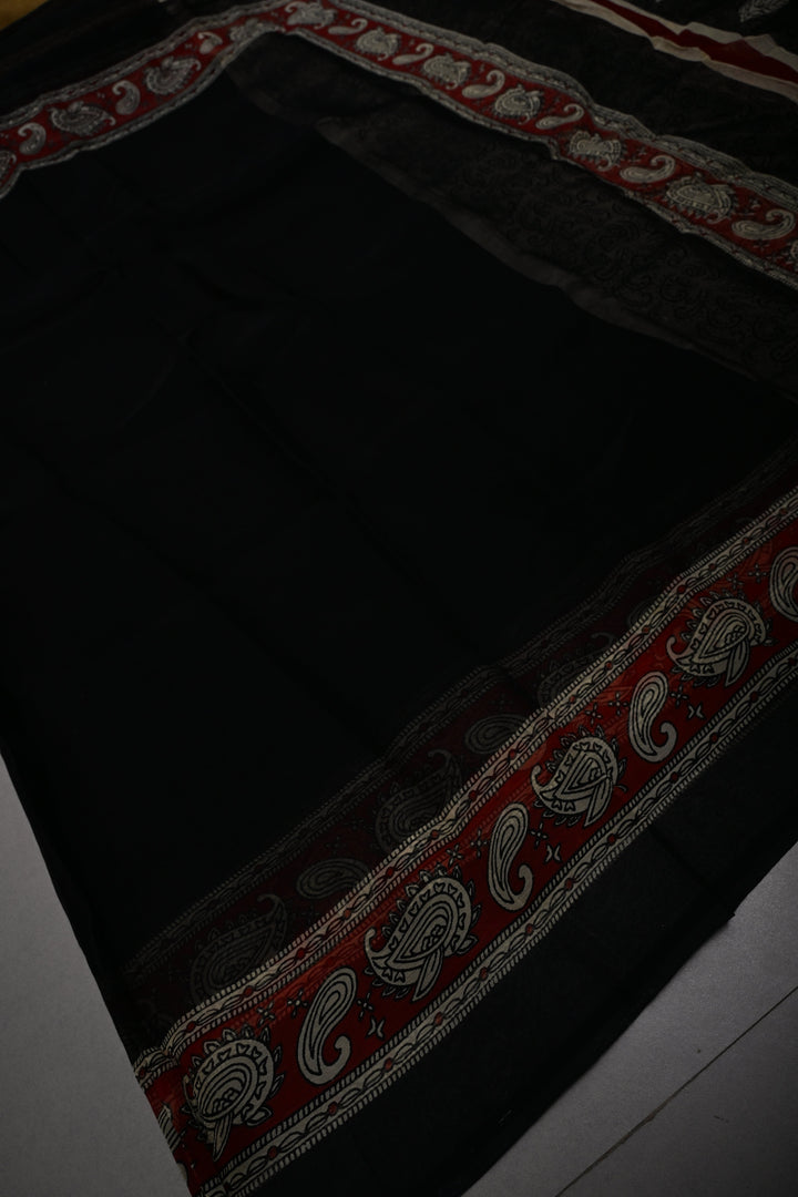 Black Georgette Saree with Contrast Hand Block Print Border and Pallu  | SHOBITAM