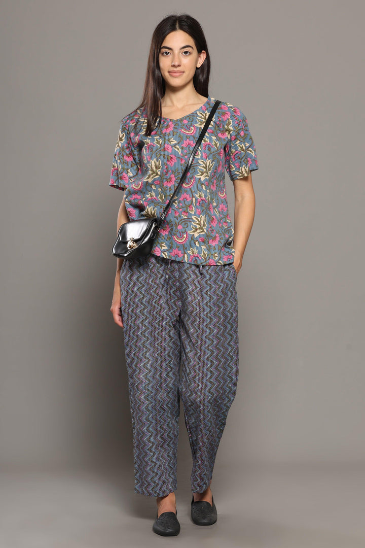 Kai Grey Cotton Printed Loungewear Co-ord Set | SHOBITAM