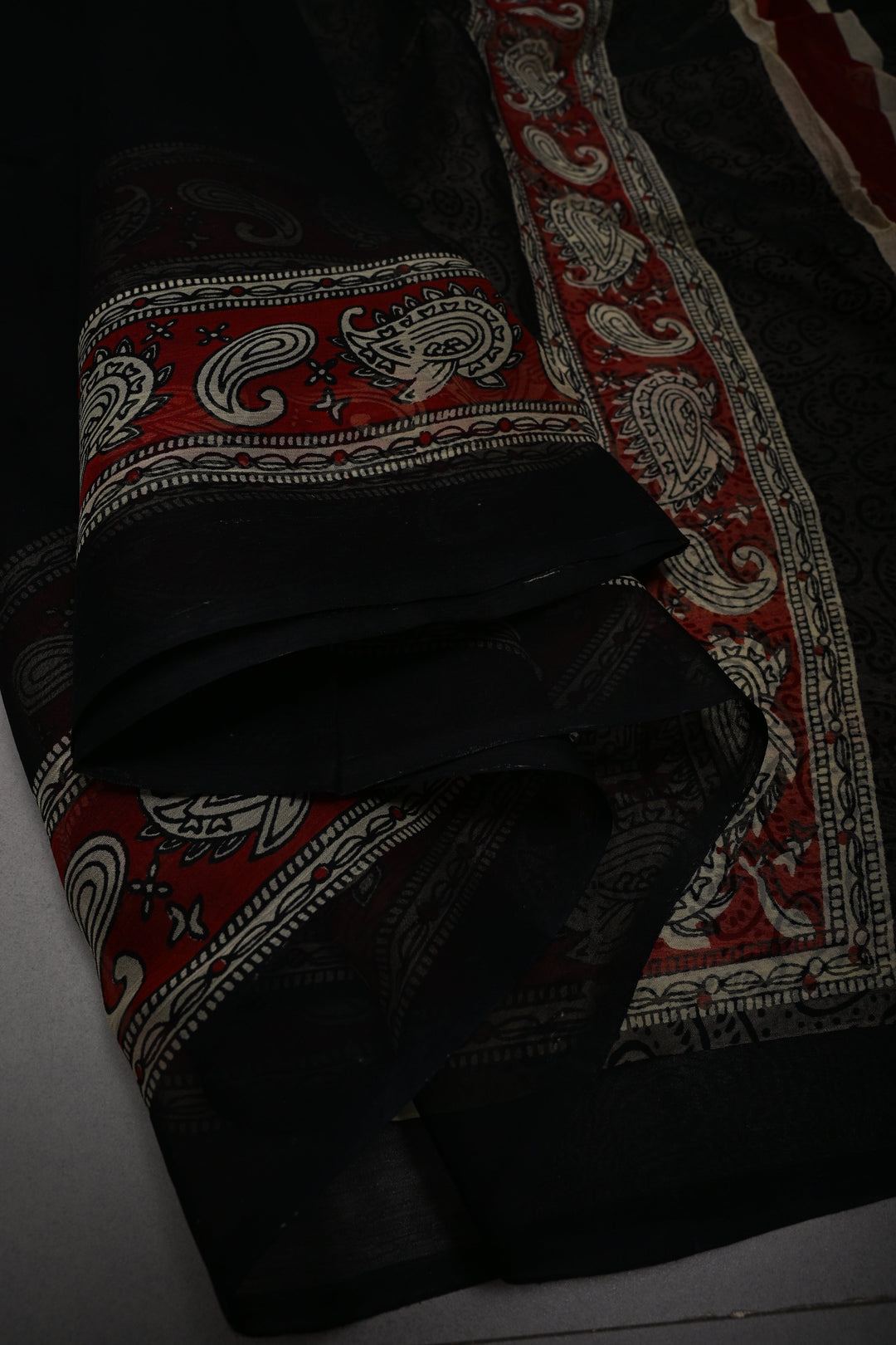 Black Georgette Saree with Contrast Hand Block Print Border and Pallu  | SHOBITAM