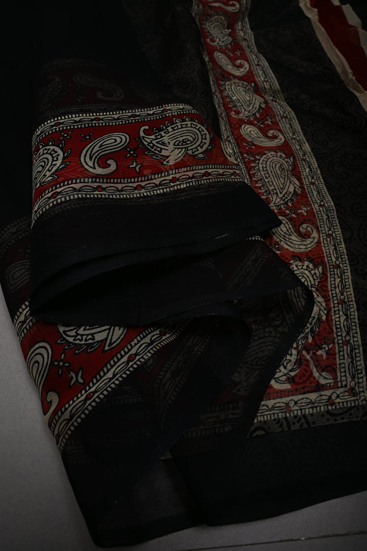 Black Georgette Saree with Contrast Hand Block Print Border and Pallu  | SHOBITAM