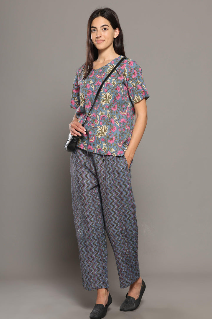 Kai Grey Cotton Printed Loungewear Co-ord Set | SHOBITAM