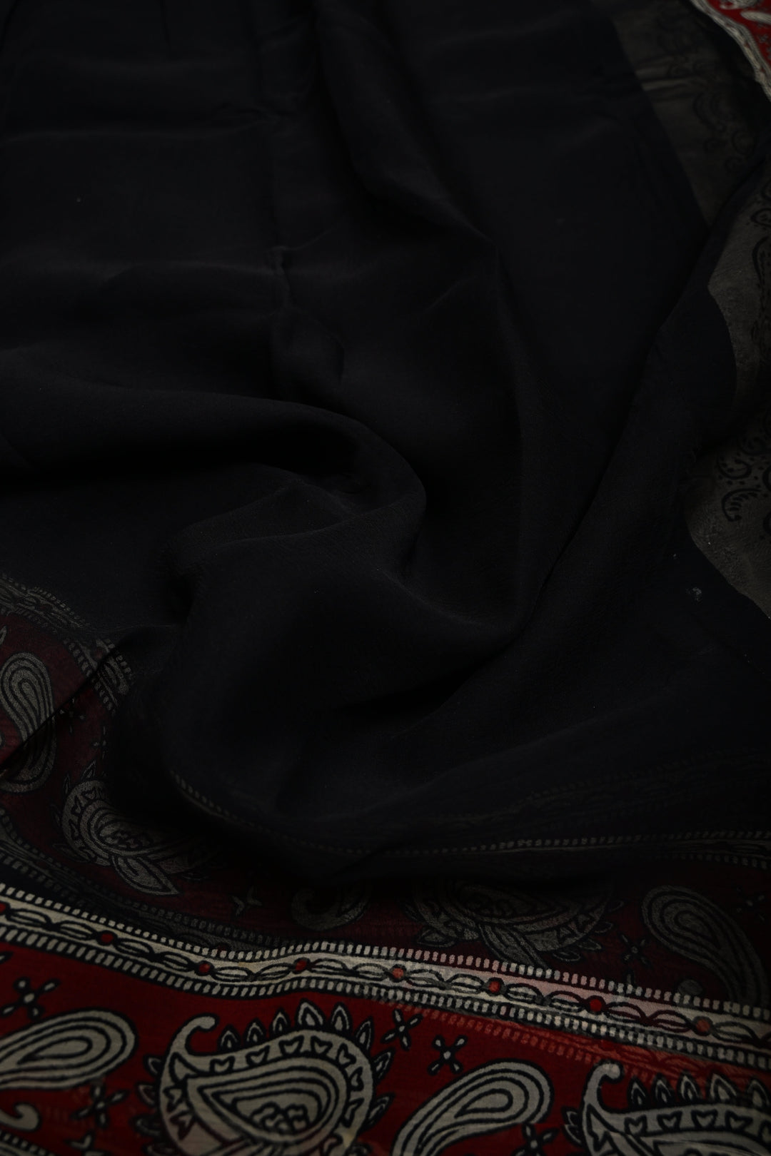 Black Georgette Saree with Contrast Hand Block Print Border and Pallu  | SHOBITAM