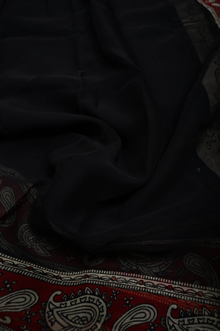 Black Georgette Saree with Contrast Hand Block Print Border and Pallu  | SHOBITAM