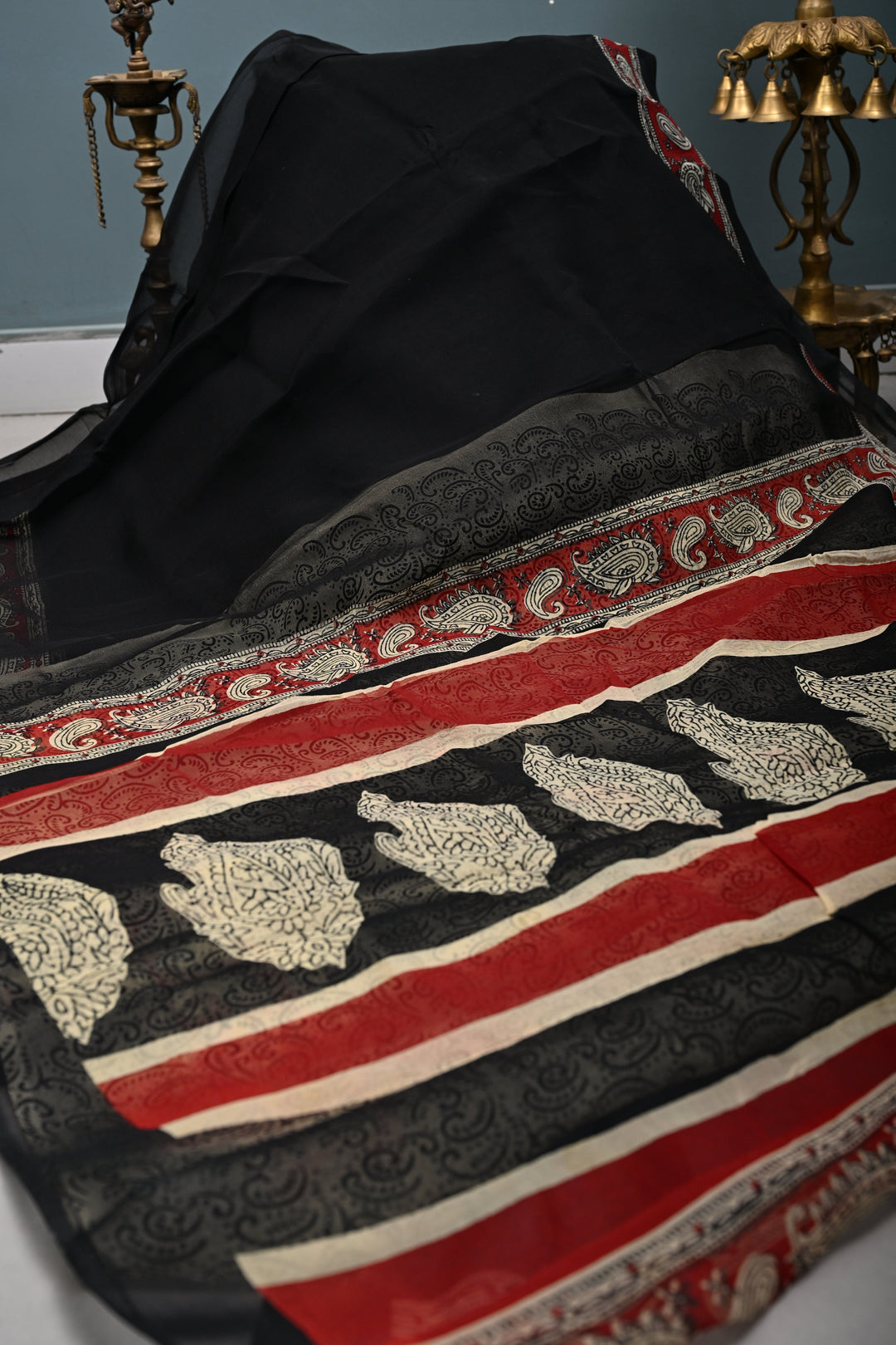 Black Georgette Saree with Contrast Hand Block Print Border and Pallu  | SHOBITAM