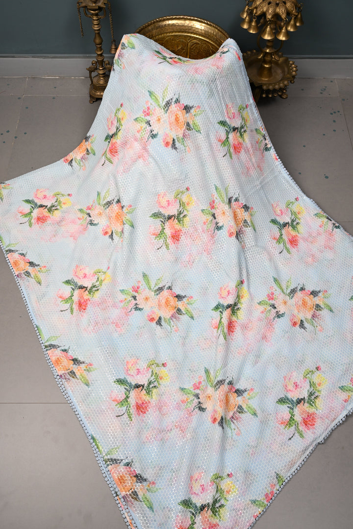 Baby Blue Digital Floral Print on Georgette Saree with Honeycomb Self Embroidery-Sequins Detailing and Minimal Lace Border | SHOBITAM