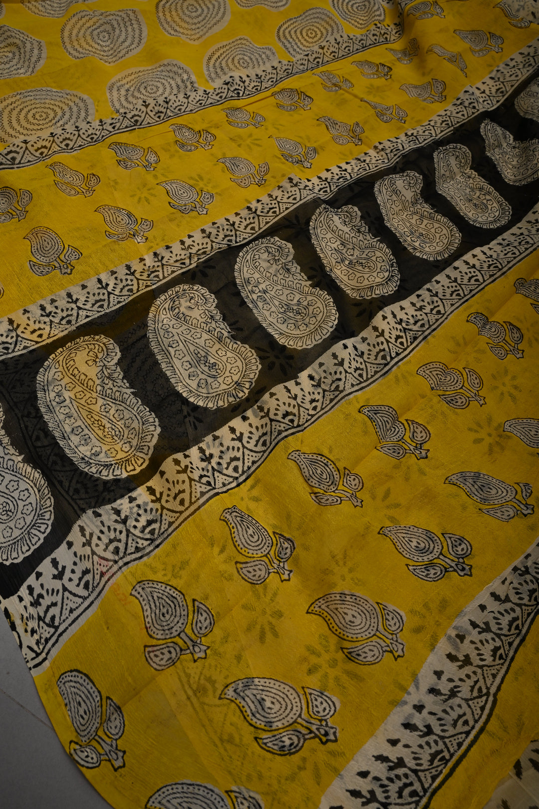 Yellow Georgette Saree with Mandala Hand Block Print and Minimal Border | SHOBITAM