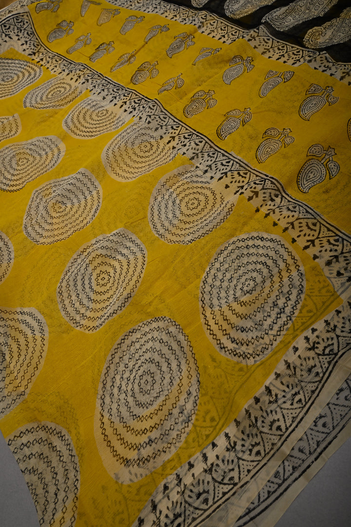 Yellow Georgette Saree with Mandala Hand Block Print and Minimal Border | SHOBITAM
