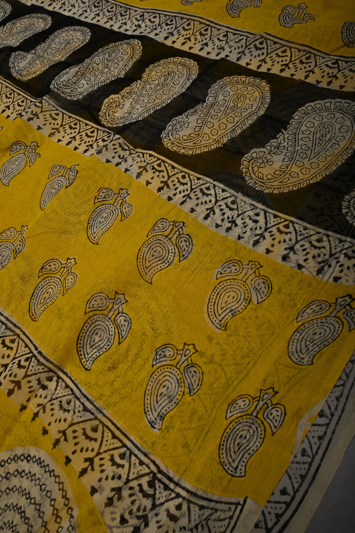Yellow Georgette Saree with Mandala Hand Block Print and Minimal Border | SHOBITAM