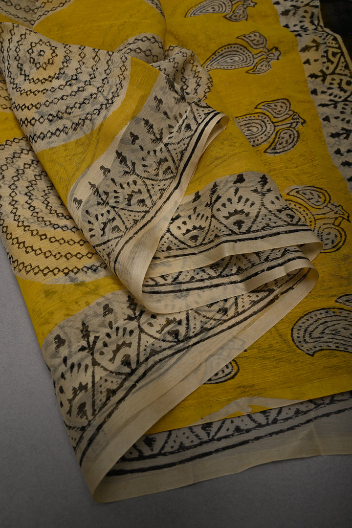 Yellow Georgette Saree with Mandala Hand Block Print and Minimal Border | SHOBITAM
