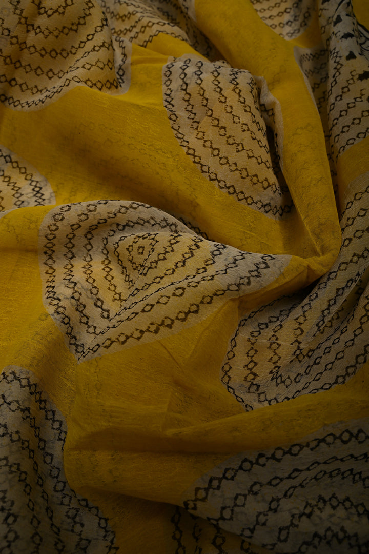 Yellow Georgette Saree with Mandala Hand Block Print and Minimal Border | SHOBITAM