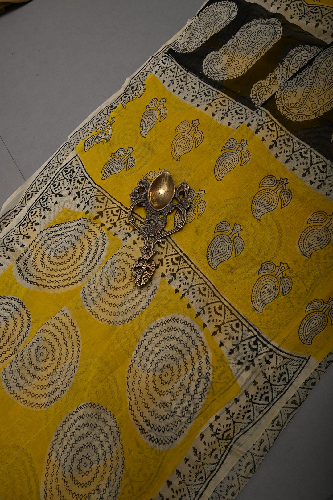Yellow Georgette Saree with Mandala Hand Block Print and Minimal Border | SHOBITAM