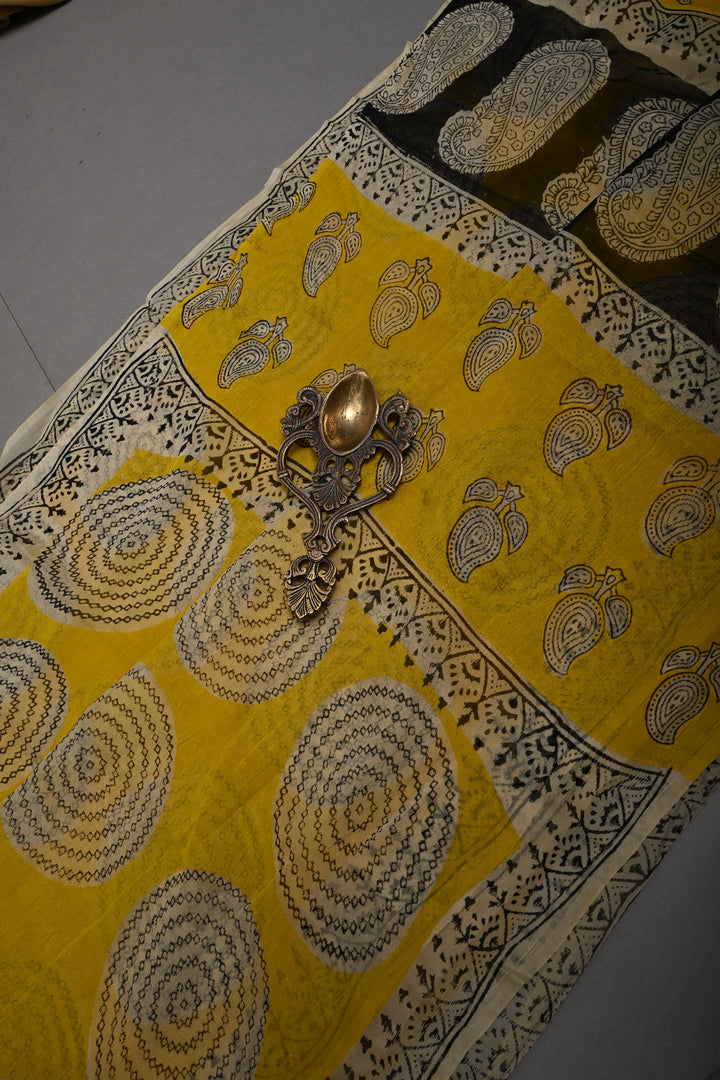 Yellow Georgette Saree with Mandala Hand Block Print and Minimal Border | SHOBITAM