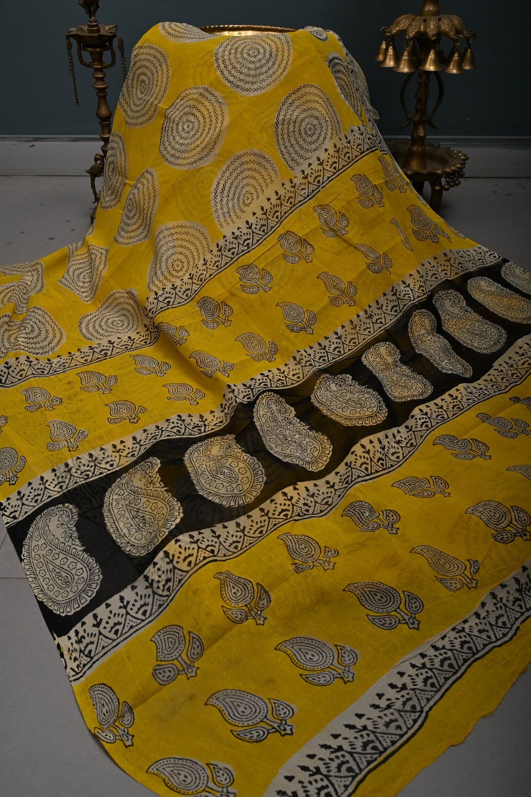 Yellow Georgette Saree with Mandala Hand Block Print and Minimal Border | SHOBITAM