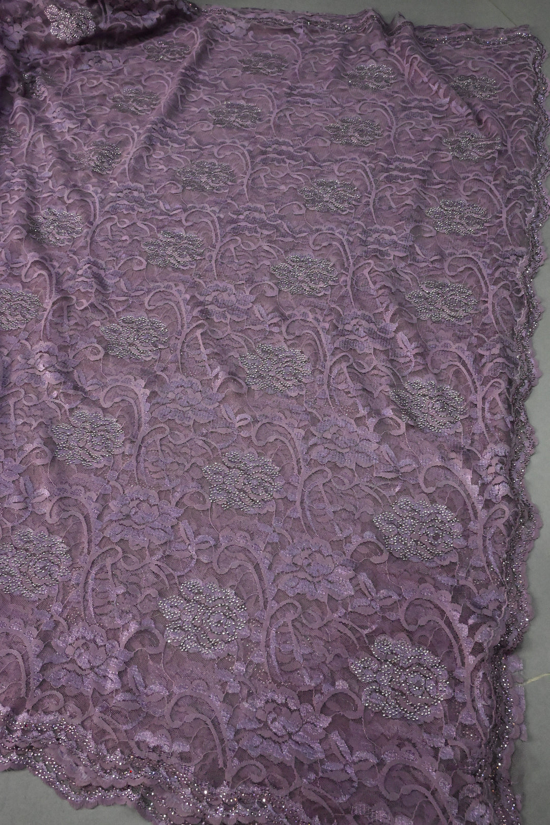 Amethyst Net Chenille Lace Saree with Tone on Tone Powder Stones Work and Scallop Border | SHOBITAM