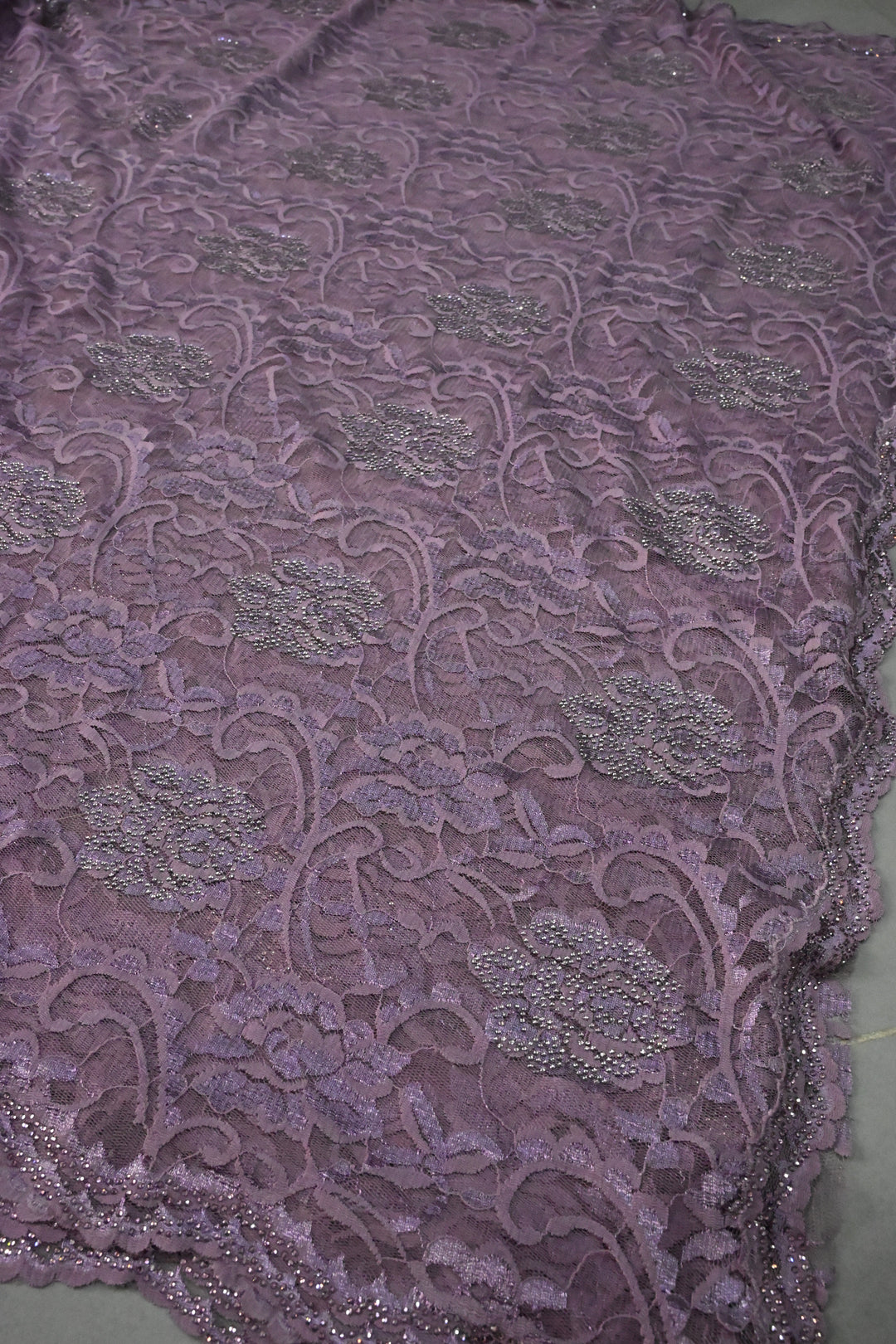 Amethyst Net Chenille Lace Saree with Tone on Tone Powder Stones Work and Scallop Border | SHOBITAM