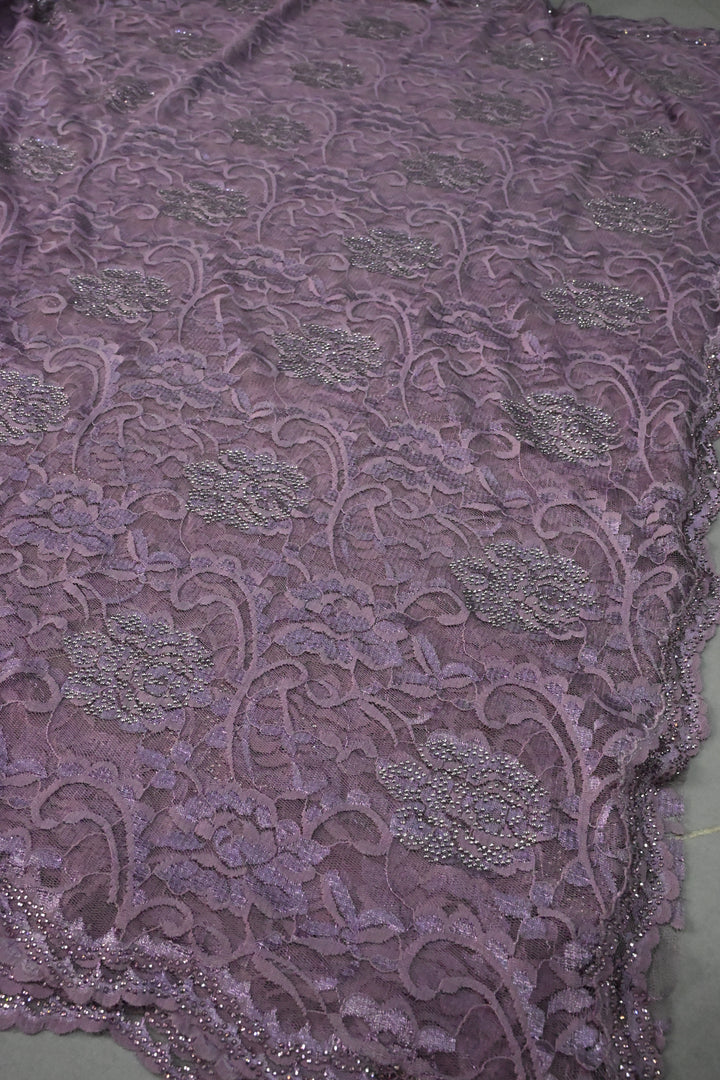 Amethyst Net Chenille Lace Saree with Tone on Tone Powder Stones Work and Scallop Border | SHOBITAM