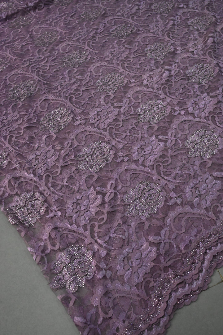 Amethyst Net Chenille Lace Saree with Tone on Tone Powder Stones Work and Scallop Border | SHOBITAM