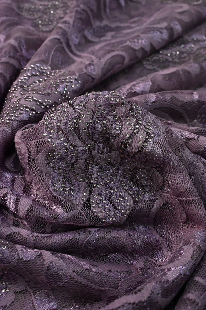 Amethyst Net Chenille Lace Saree with Tone on Tone Powder Stones Work and Scallop Border | SHOBITAM