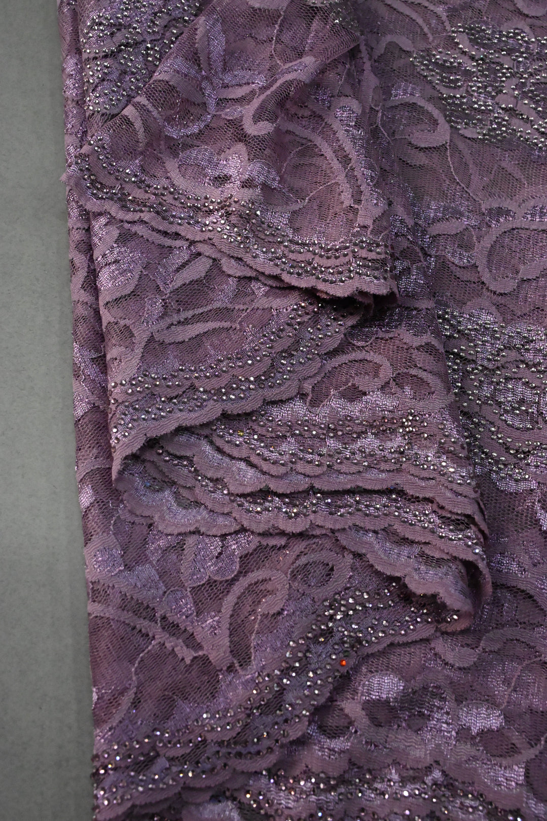 Amethyst Net Chenille Lace Saree with Tone on Tone Powder Stones Work and Scallop Border | SHOBITAM