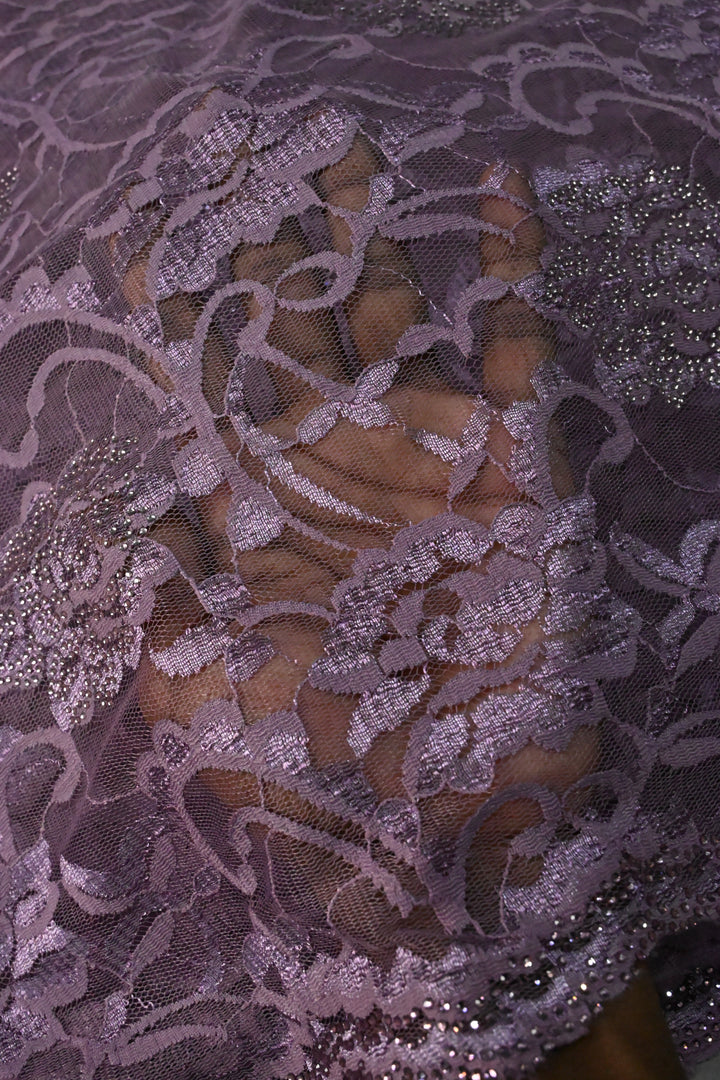 Amethyst Net Chenille Lace Saree with Tone on Tone Powder Stones Work and Scallop Border | SHOBITAM