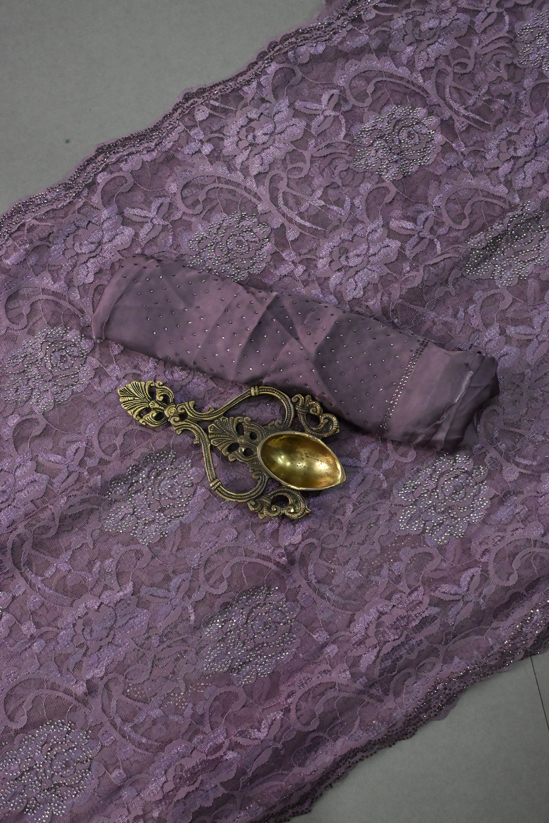 Amethyst Net Chenille Lace Saree with Tone on Tone Powder Stones Work and Scallop Border | SHOBITAM