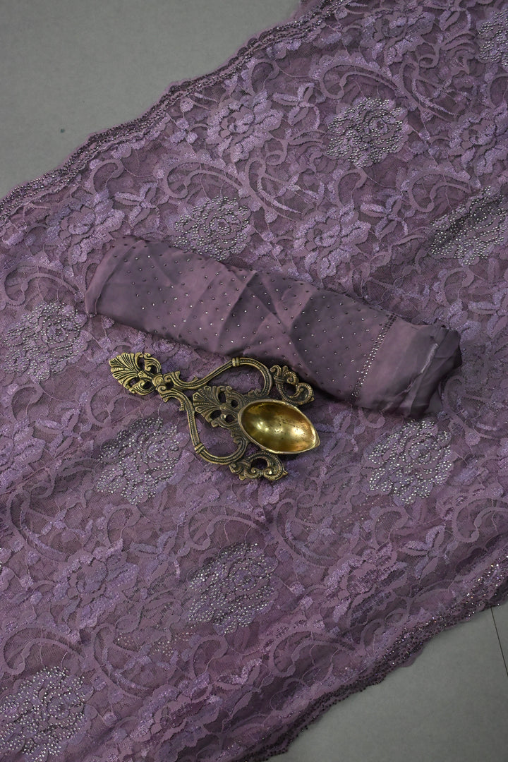 Amethyst Net Chenille Lace Saree with Tone on Tone Powder Stones Work and Scallop Border | SHOBITAM