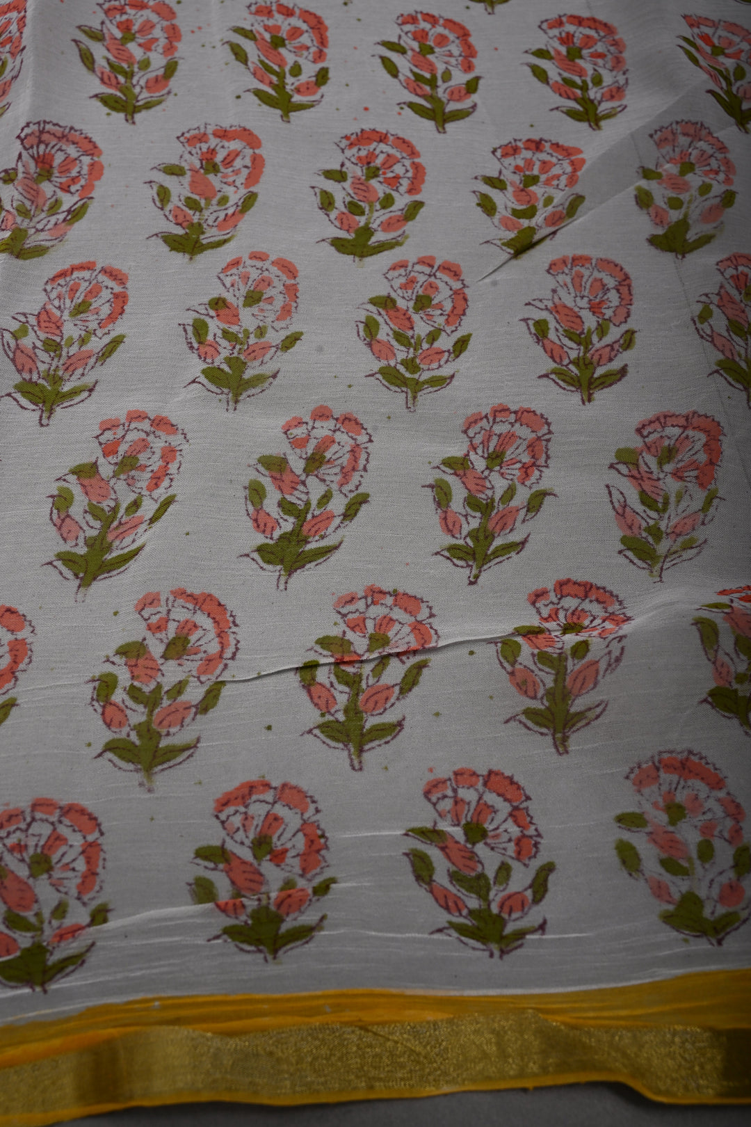 White-Yellow Georgette Saree with Sanganeri Hand Block Print and Minimal Tissue Border   | SHOBITAM