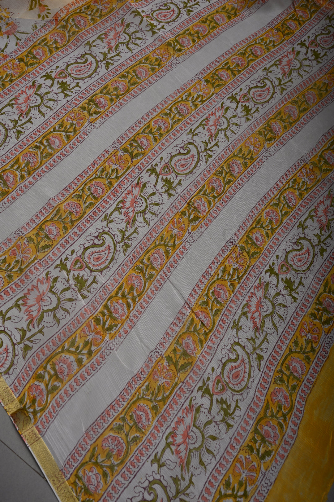 White-Yellow Georgette Saree with Sanganeri Hand Block Print and Minimal Tissue Border   | SHOBITAM