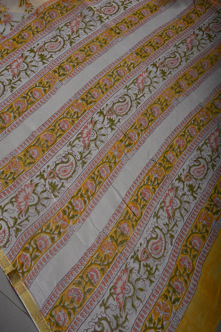 White-Yellow Georgette Saree with Sanganeri Hand Block Print and Minimal Tissue Border   | SHOBITAM