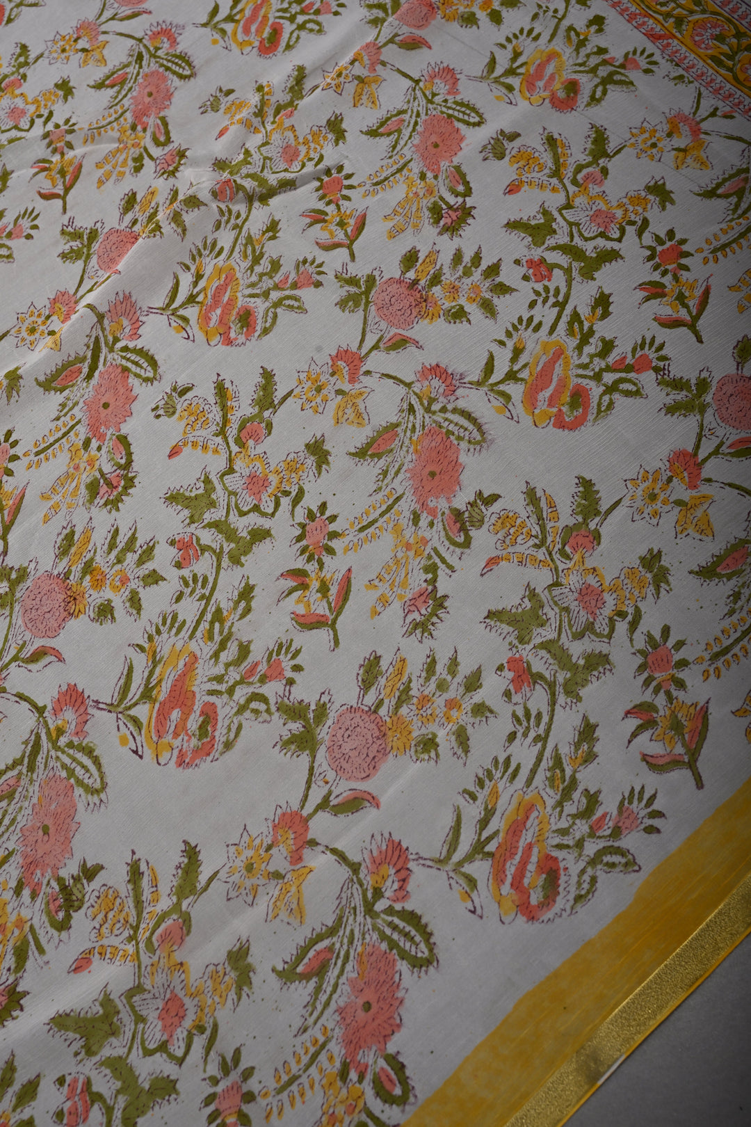 White-Yellow Georgette Saree with Sanganeri Hand Block Print and Minimal Tissue Border   | SHOBITAM