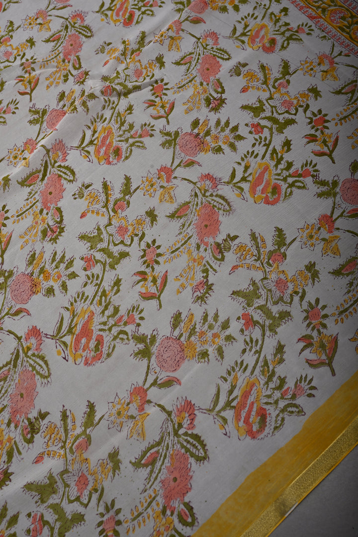 White-Yellow Georgette Saree with Sanganeri Hand Block Print and Minimal Tissue Border   | SHOBITAM