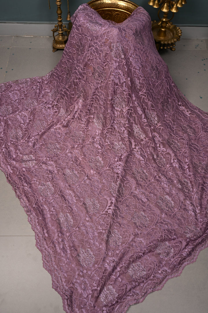 Amethyst Net Chenille Lace Saree with Tone on Tone Powder Stones Work and Scallop Border | SHOBITAM