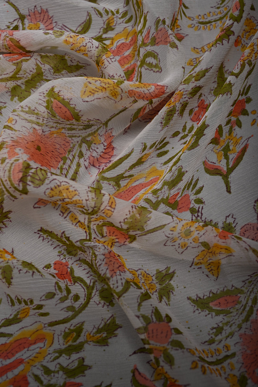 White-Yellow Georgette Saree with Sanganeri Hand Block Print and Minimal Tissue Border   | SHOBITAM