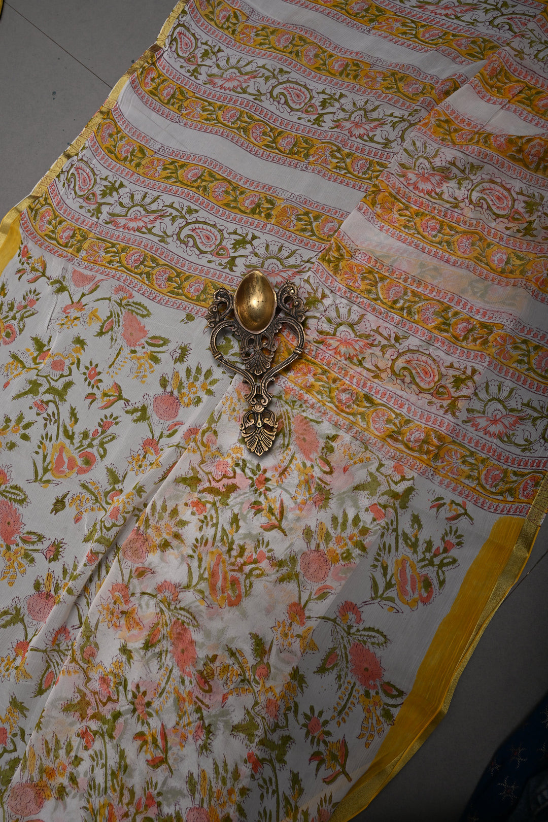 White-Yellow Georgette Saree with Sanganeri Hand Block Print and Minimal Tissue Border   | SHOBITAM