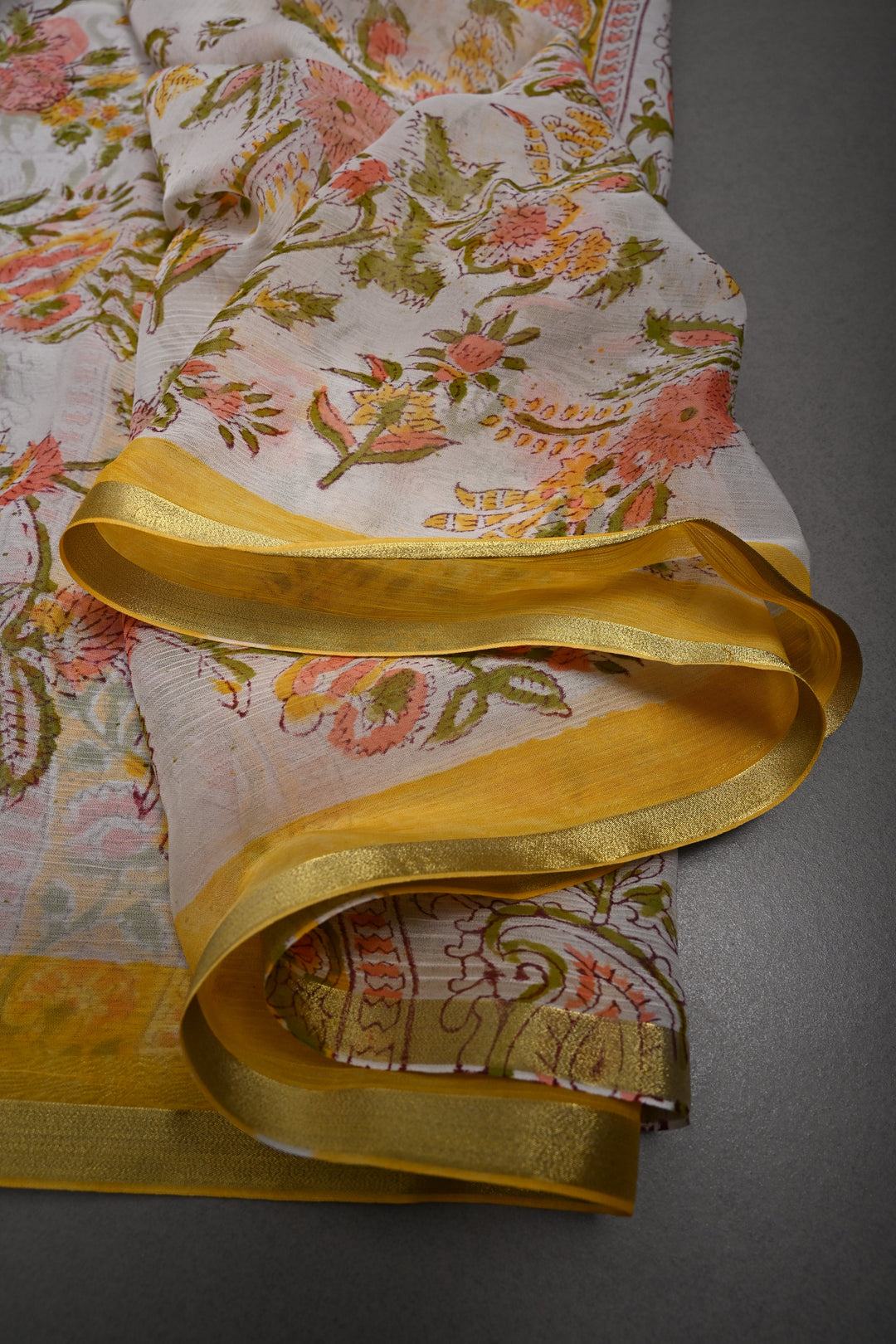 White-Yellow Georgette Saree with Sanganeri Hand Block Print and Minimal Tissue Border   | SHOBITAM