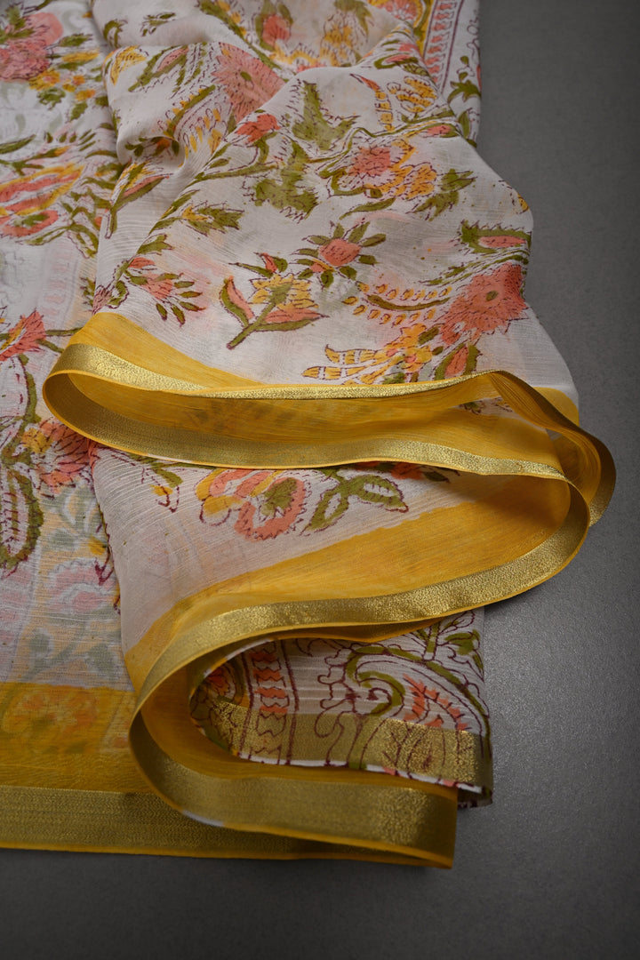 White-Yellow Georgette Saree with Sanganeri Hand Block Print and Minimal Tissue Border   | SHOBITAM