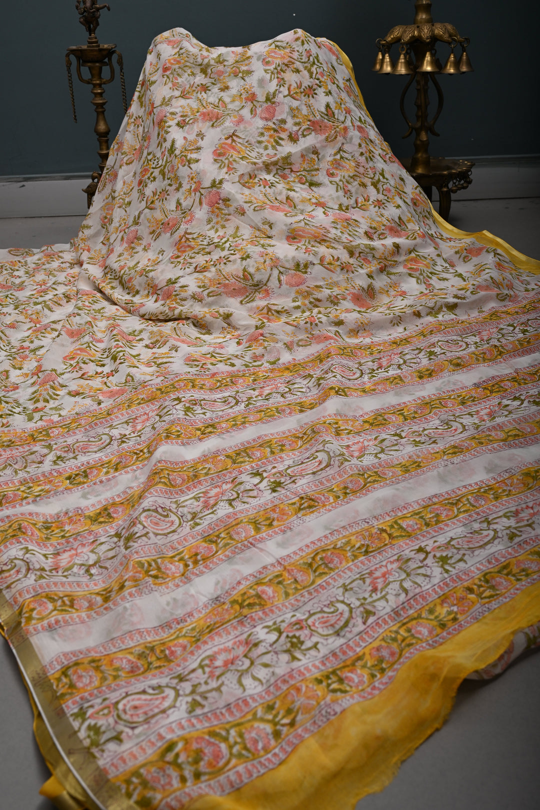 White-Yellow Georgette Saree with Sanganeri Hand Block Print and Minimal Tissue Border   | SHOBITAM
