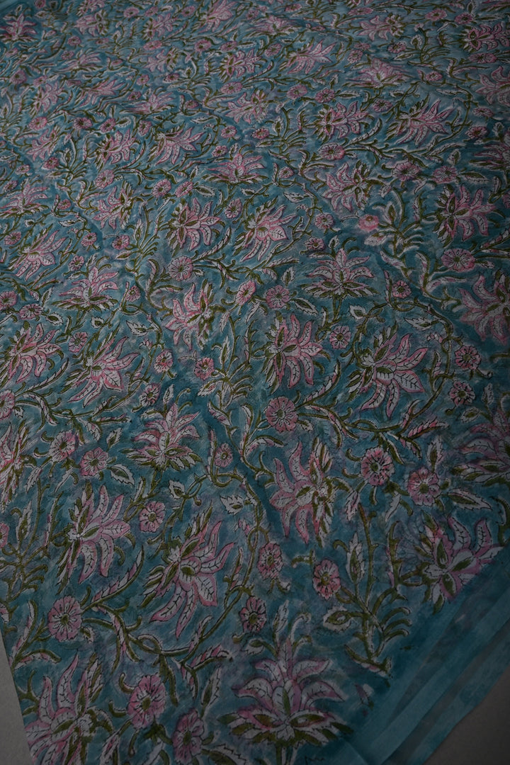 Pastel Mint Georgette Saree with Sanganeri Hand Block Print   | SHOBITAM