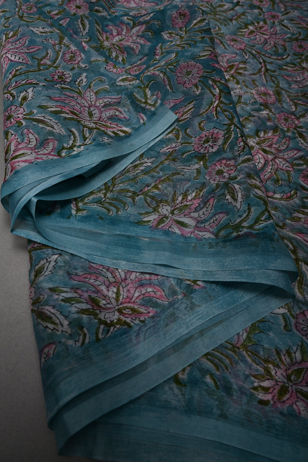 Pastel Mint Georgette Saree with Sanganeri Hand Block Print   | SHOBITAM