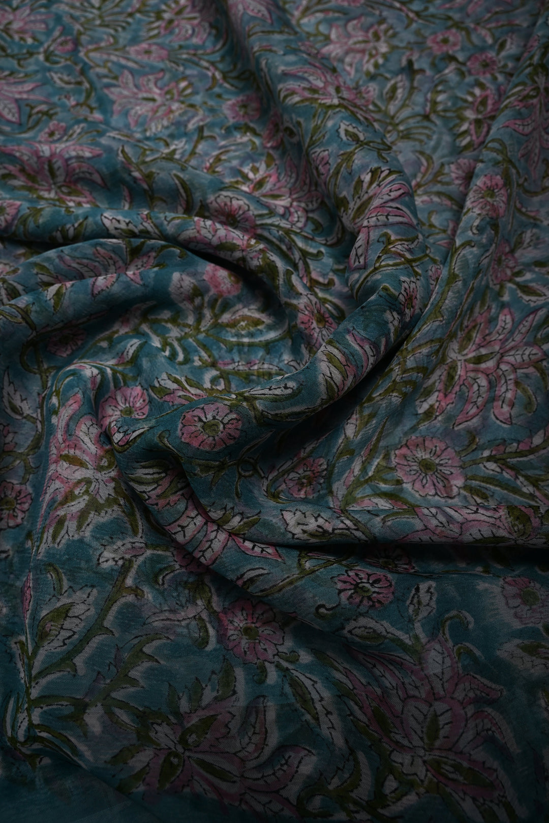 Pastel Mint Georgette Saree with Sanganeri Hand Block Print   | SHOBITAM